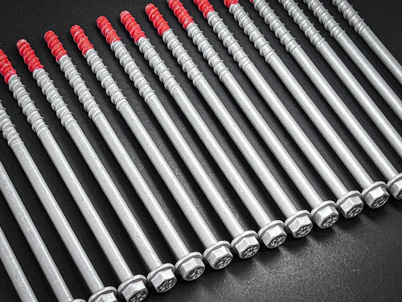 Long Reach Hex Head ICCONS Screwbolts arranged in a long row.