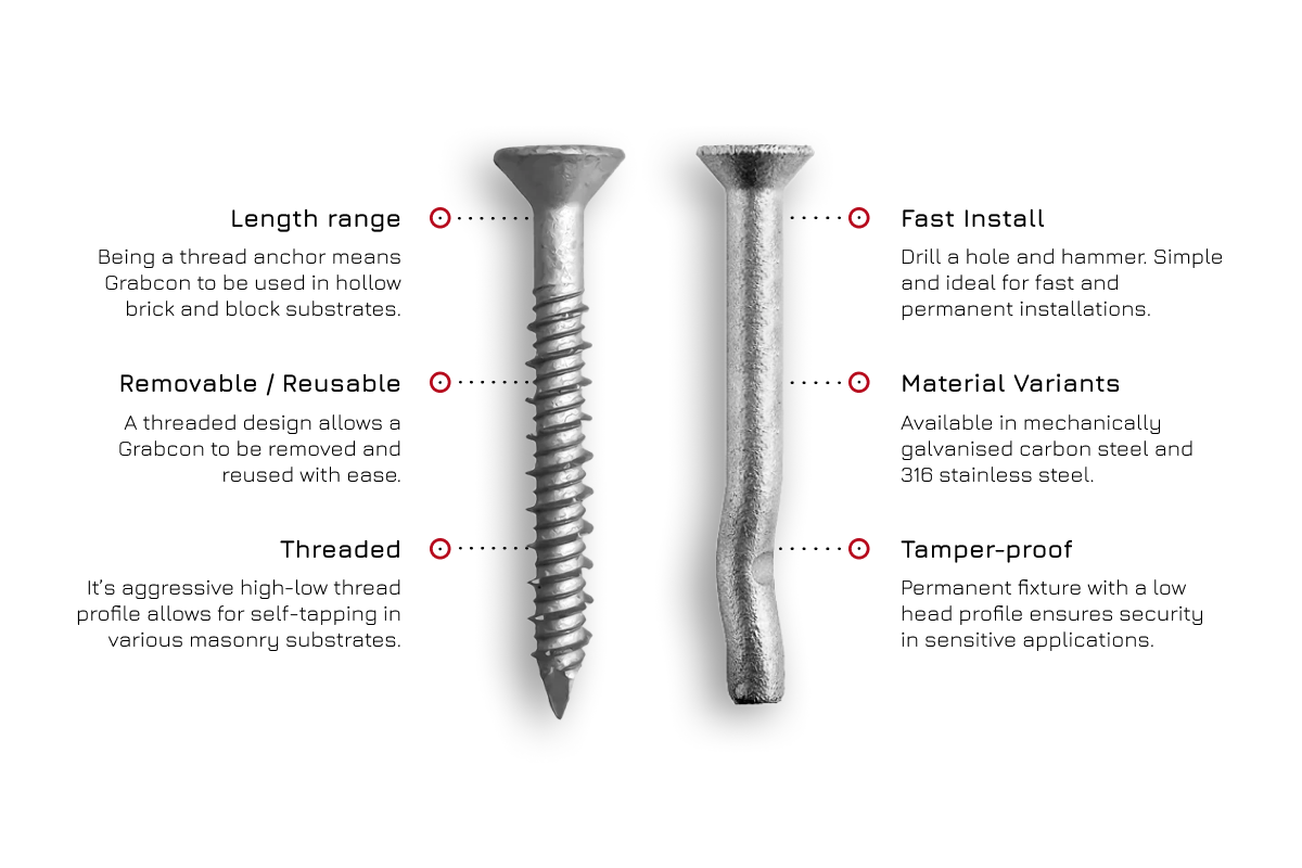 Grabcon screw vs strike anchor comparison infographic.