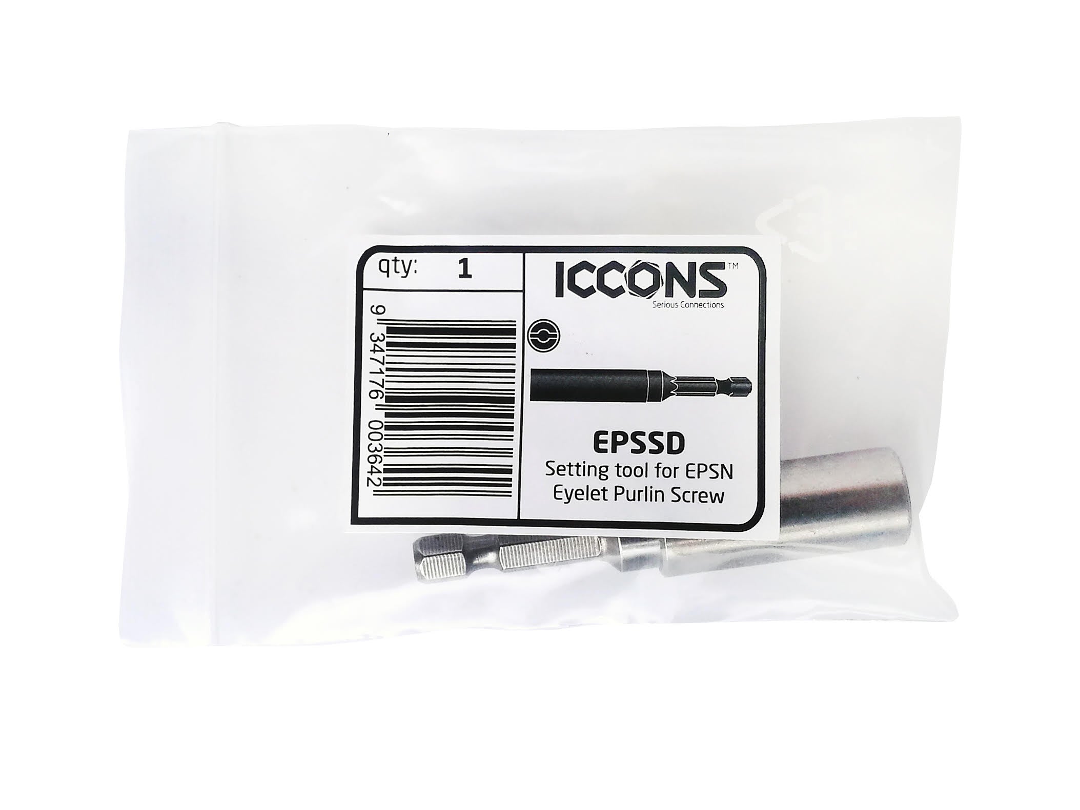 Eyelet Purlin Screw Socket Driver (EPSSD) in a barcode bag.