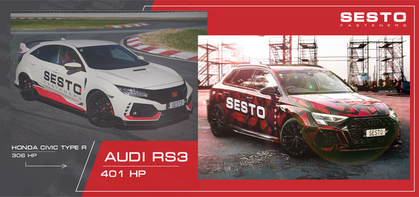 SESTO promotional car comparison graphic between the Audi RS3 and Honda Civic Type R.