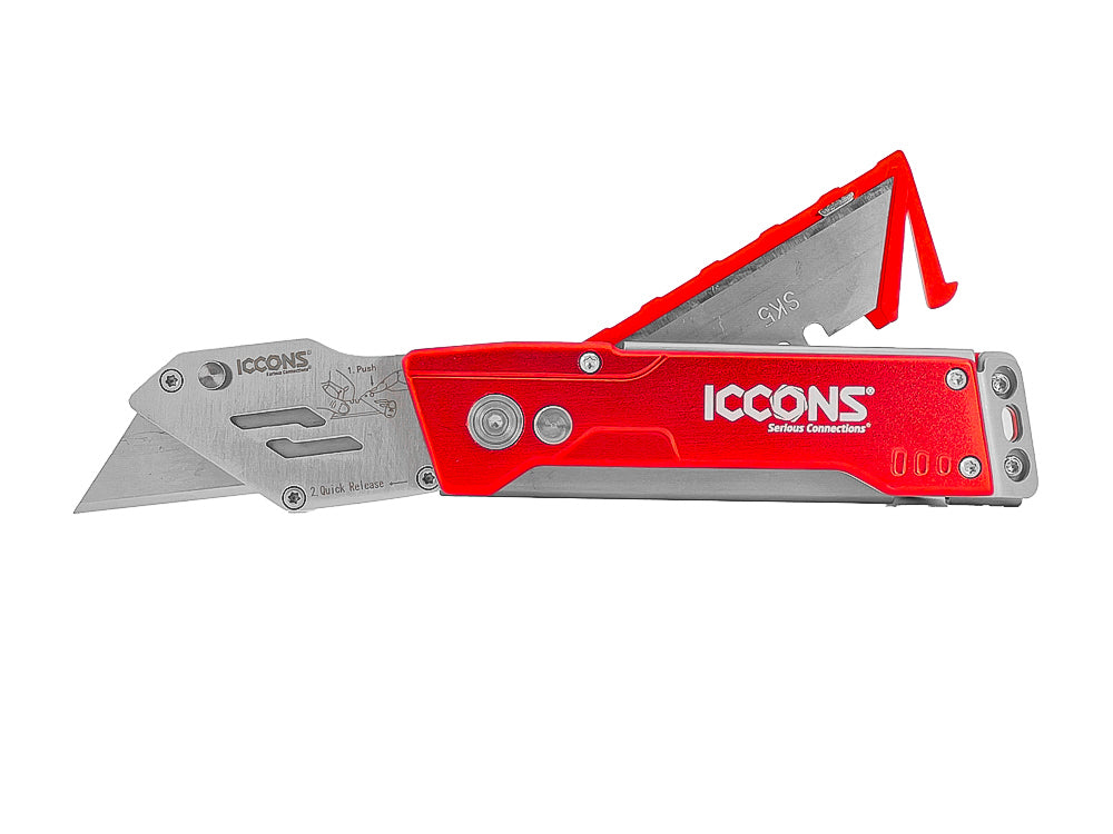 ICCONS Utility knife showing the replaceable blades sleeve in the handle. 