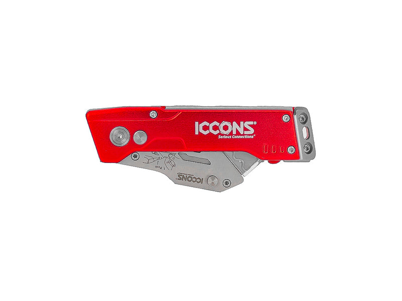 The ICCONS utility knife is a button lock foldable knife with replaceable blades stoned in the handle